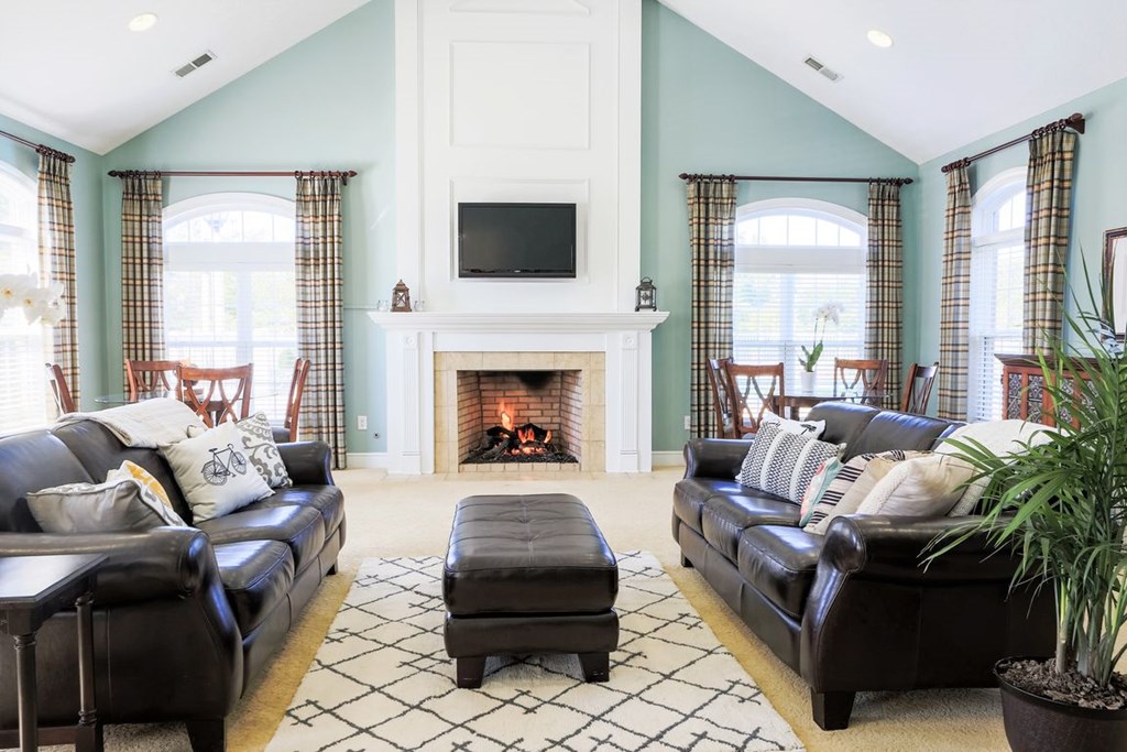 a living room with couches and a fireplace