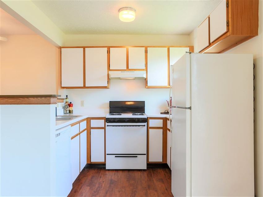 a kitchen with a stove and a refrigerator