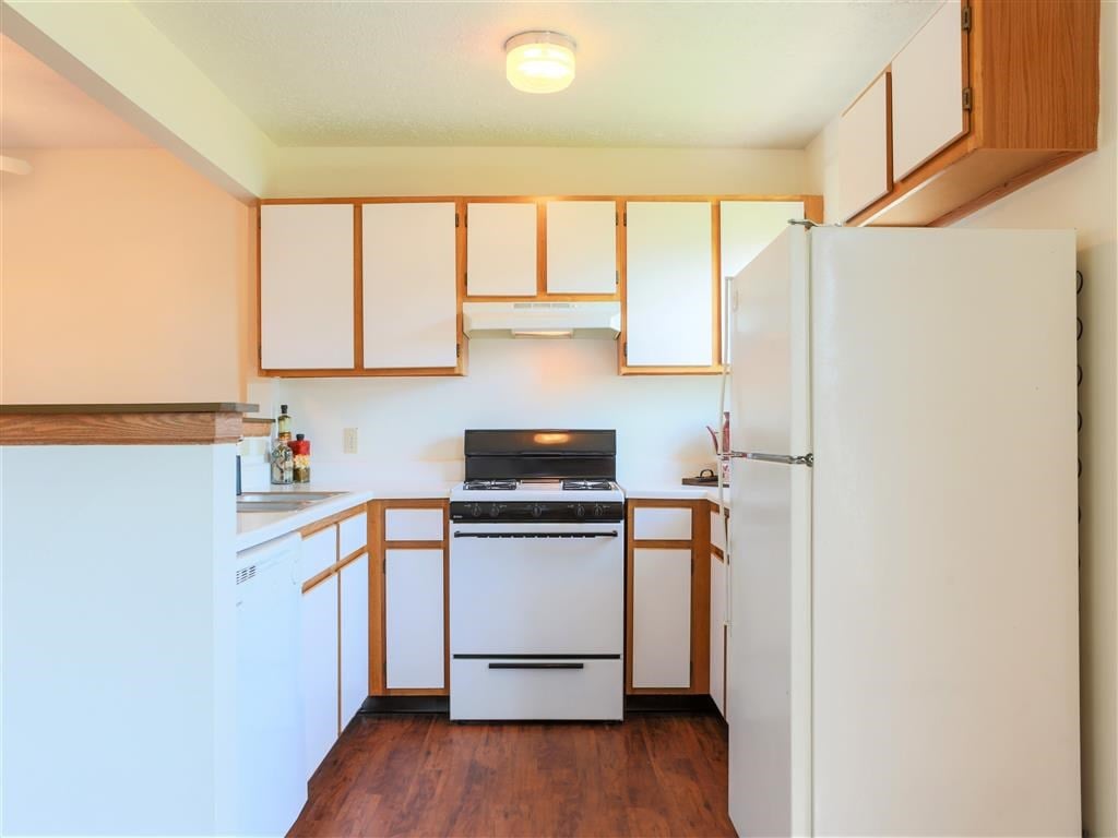 a kitchen with a stove and a refrigerator