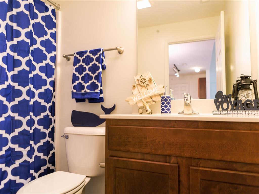 a bathroom with a blue and white shower curtain and a toilet