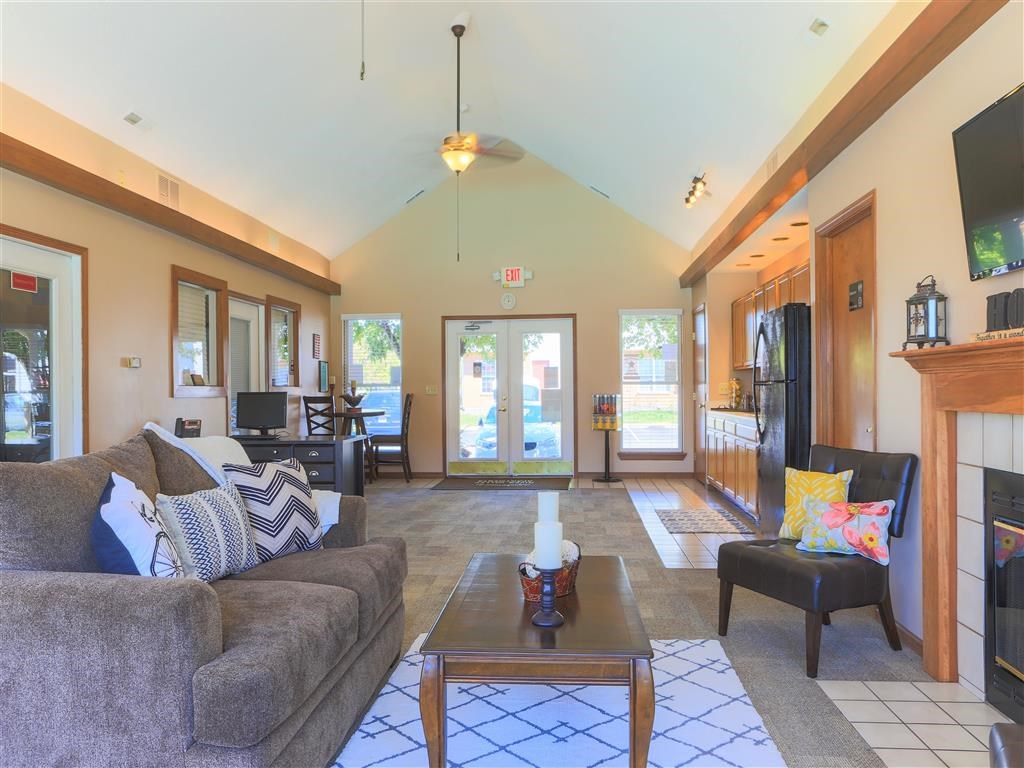 a living room with a couch and a table