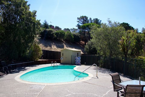 the pool is in the backyard of the house
