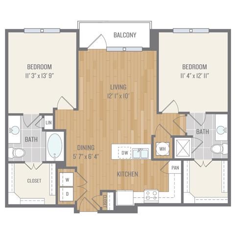 B2 Floor Plan Two-Bedroom Floor Plan at Berkshire Auburn, Dallas, TX, 75248