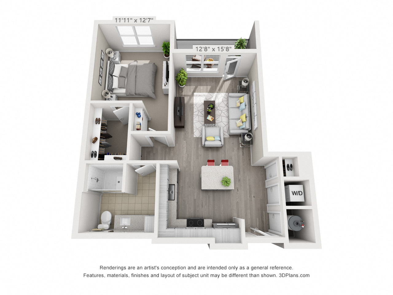 1 bedroom 1 bathroom apartment with 800 square feet of space. 