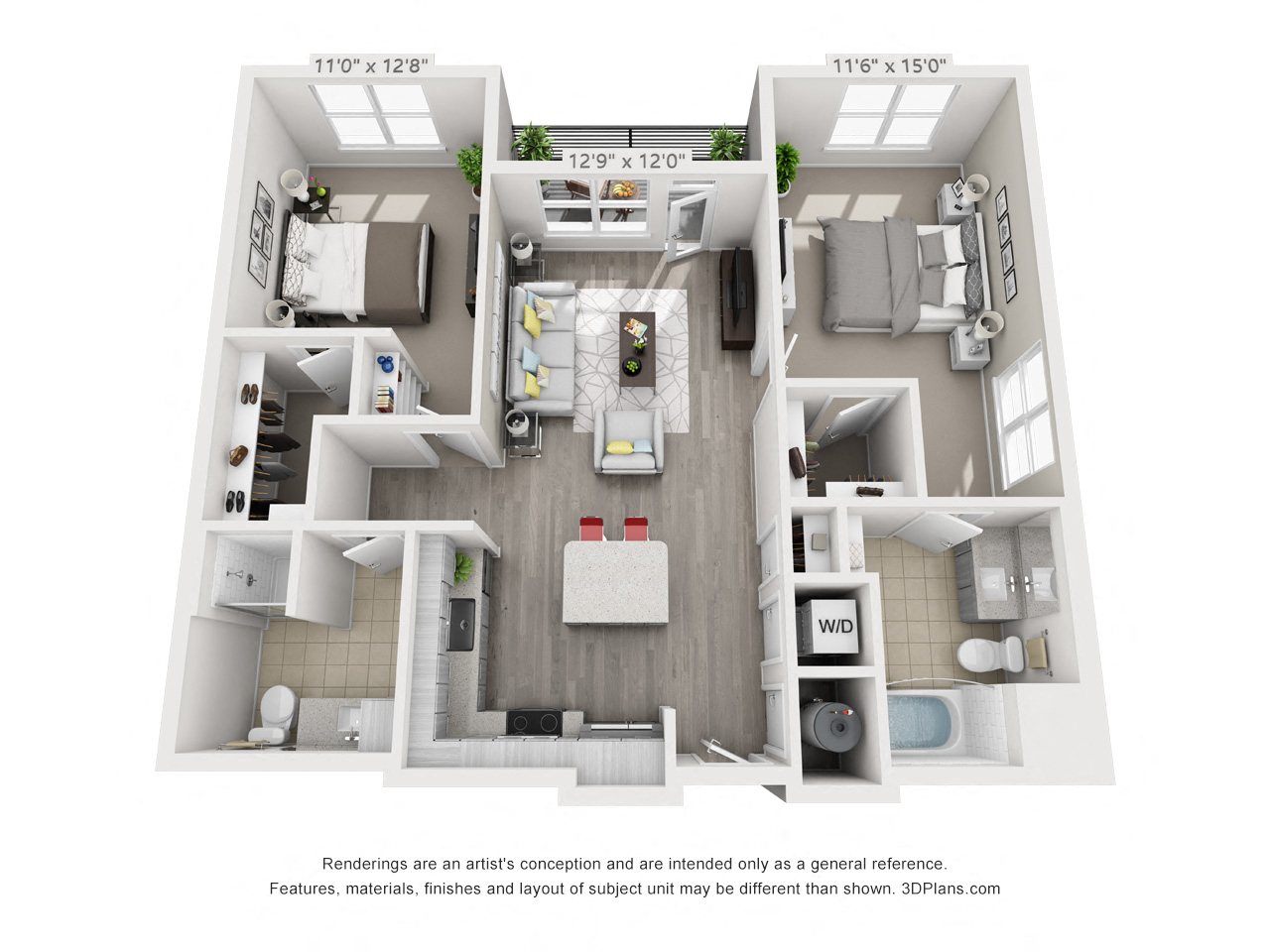 2 bedroom 2 bathroom apartment with 1,116 square feet of space. 