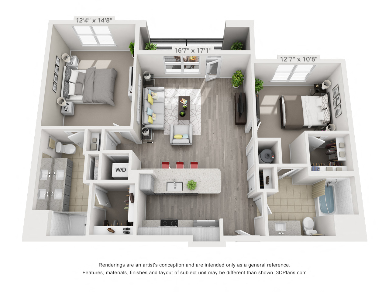 2 bedroom 2 bathroom apartment with 1,191 square feet of space. 