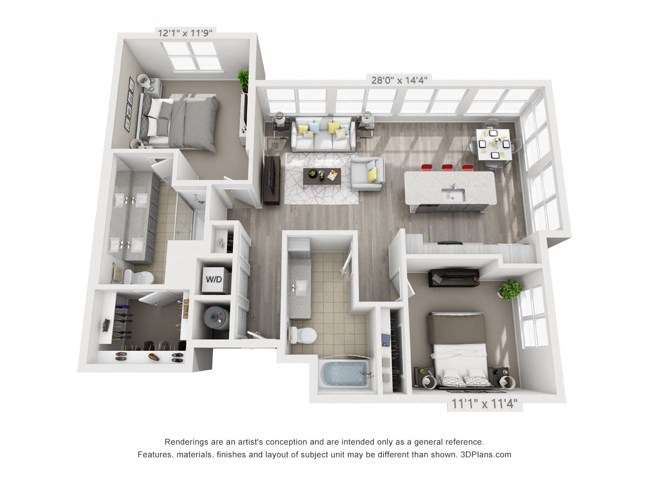 2 bedroom 2 bathroom apartment with 1,214 square feet of space. 