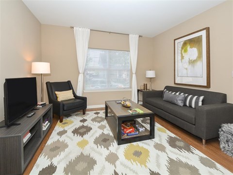 A living room with a grey couch, a black chair, a grey coffee table, a grey rug and a painting on the wall.