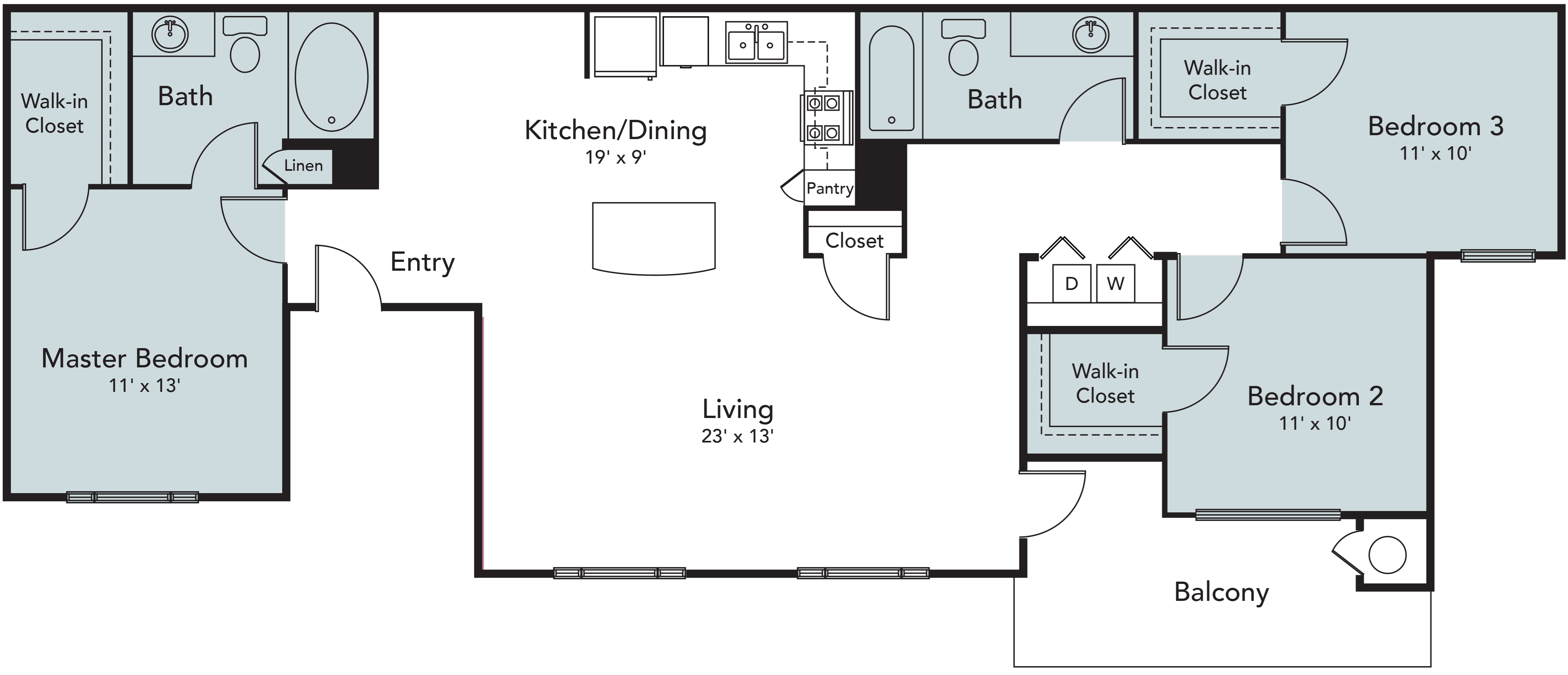 3 Bedroom, 2 Bathroom floor plan