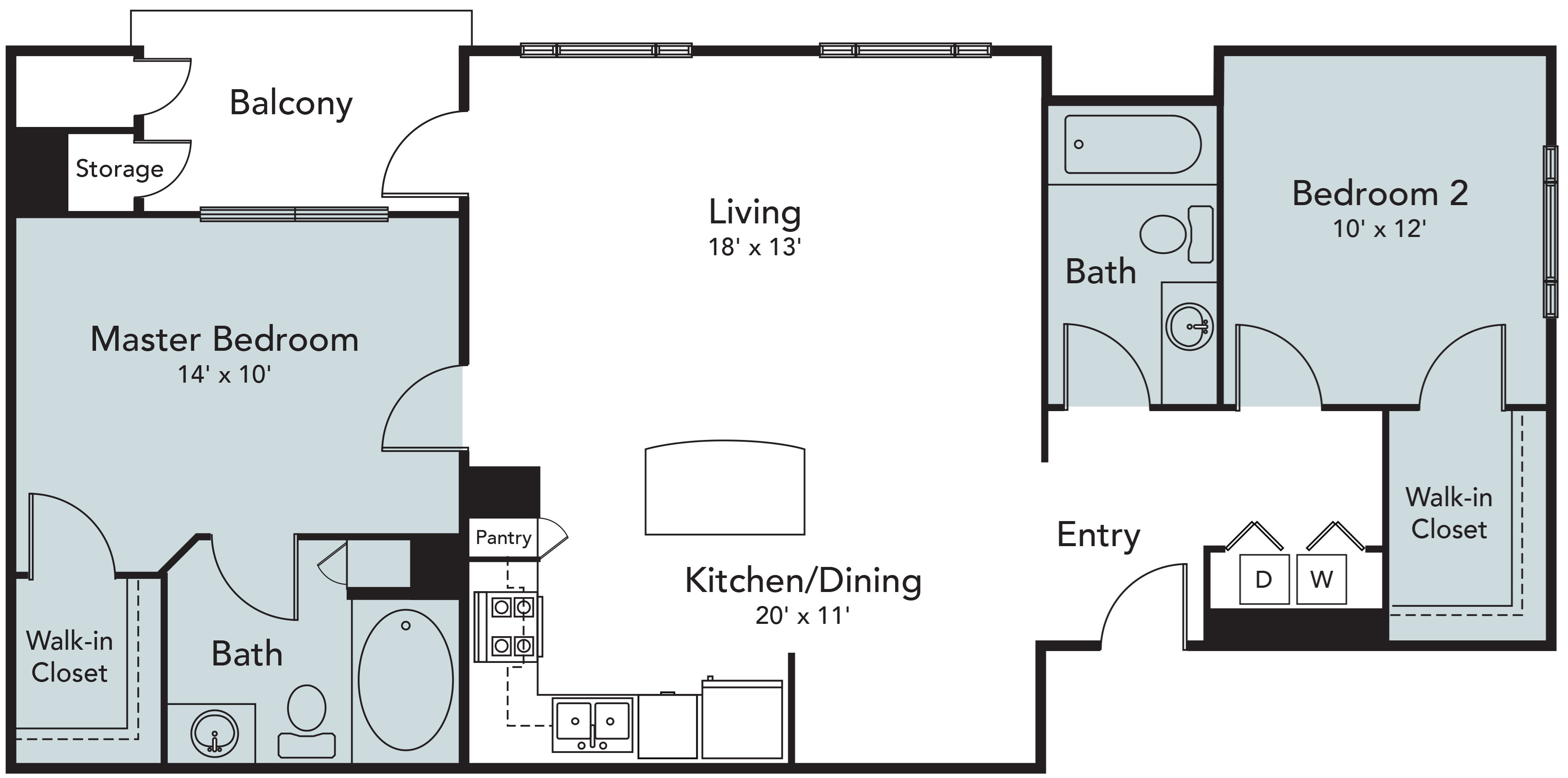 2 Bedroom, 1 Bathroom floor plan