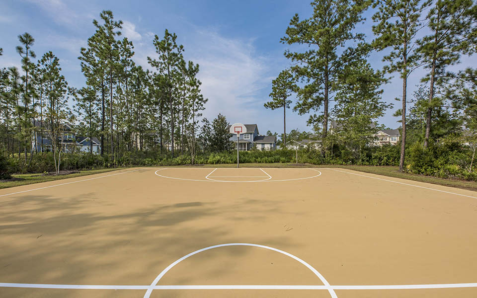 a basketball court with trees and houses in the background