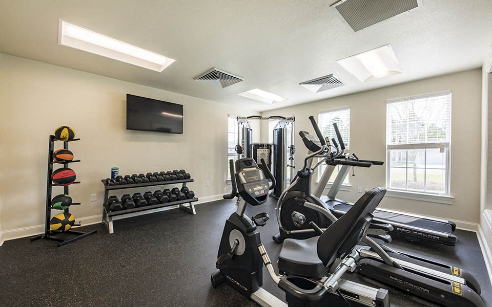a gym with a treadmill and weights and a tv