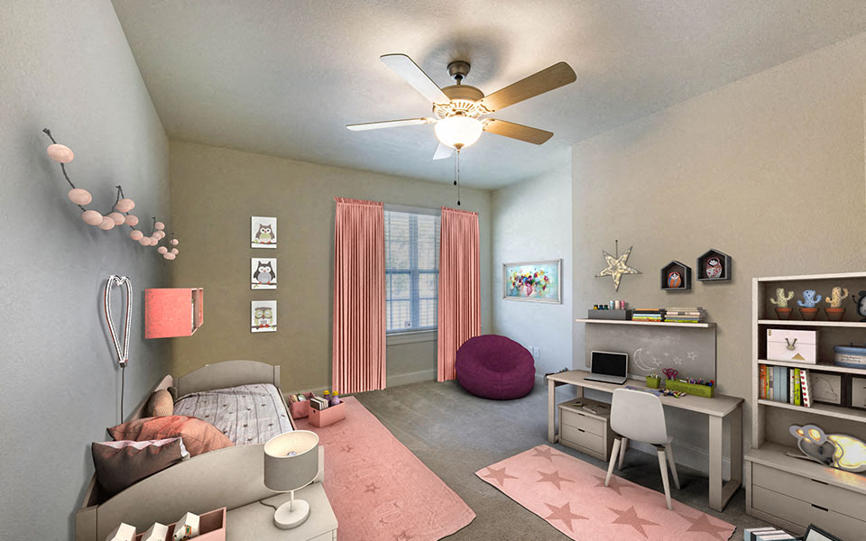 a living room with a couch and a ceiling fan