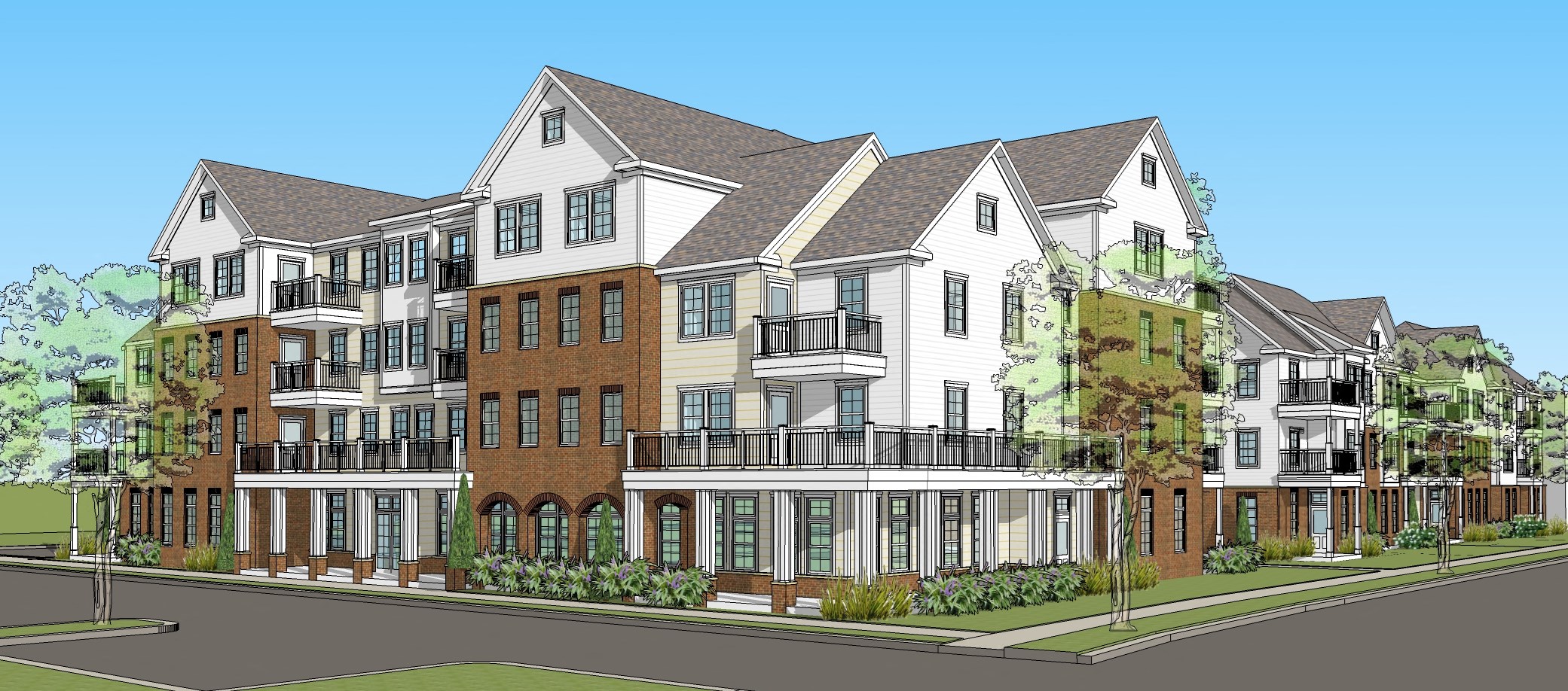 a rendering of a large apartment building on a city street