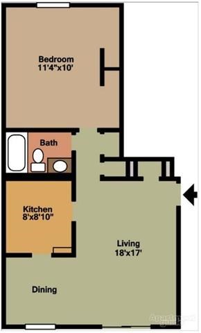 One bedroom floorplan at Pangea Groves Apartments in Indianapolis.