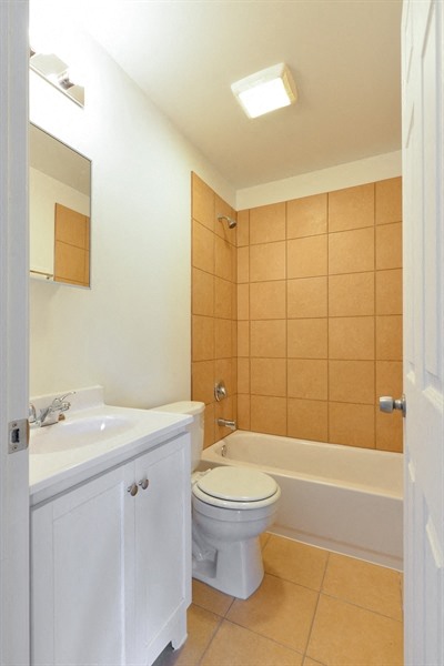 Bathroom in apartment at Pangea Pines in Baltimore, Maryland.