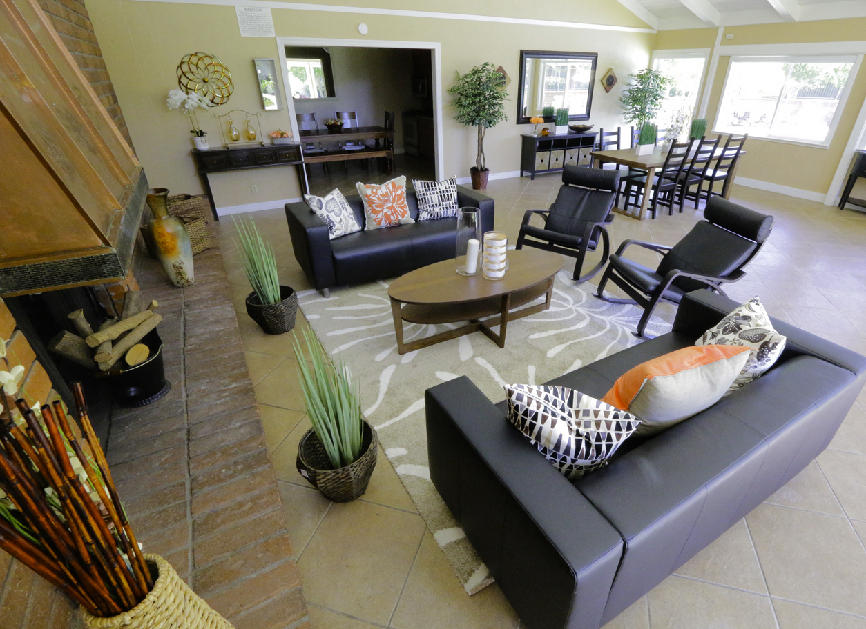 a living room with couches and chairs and a fireplace