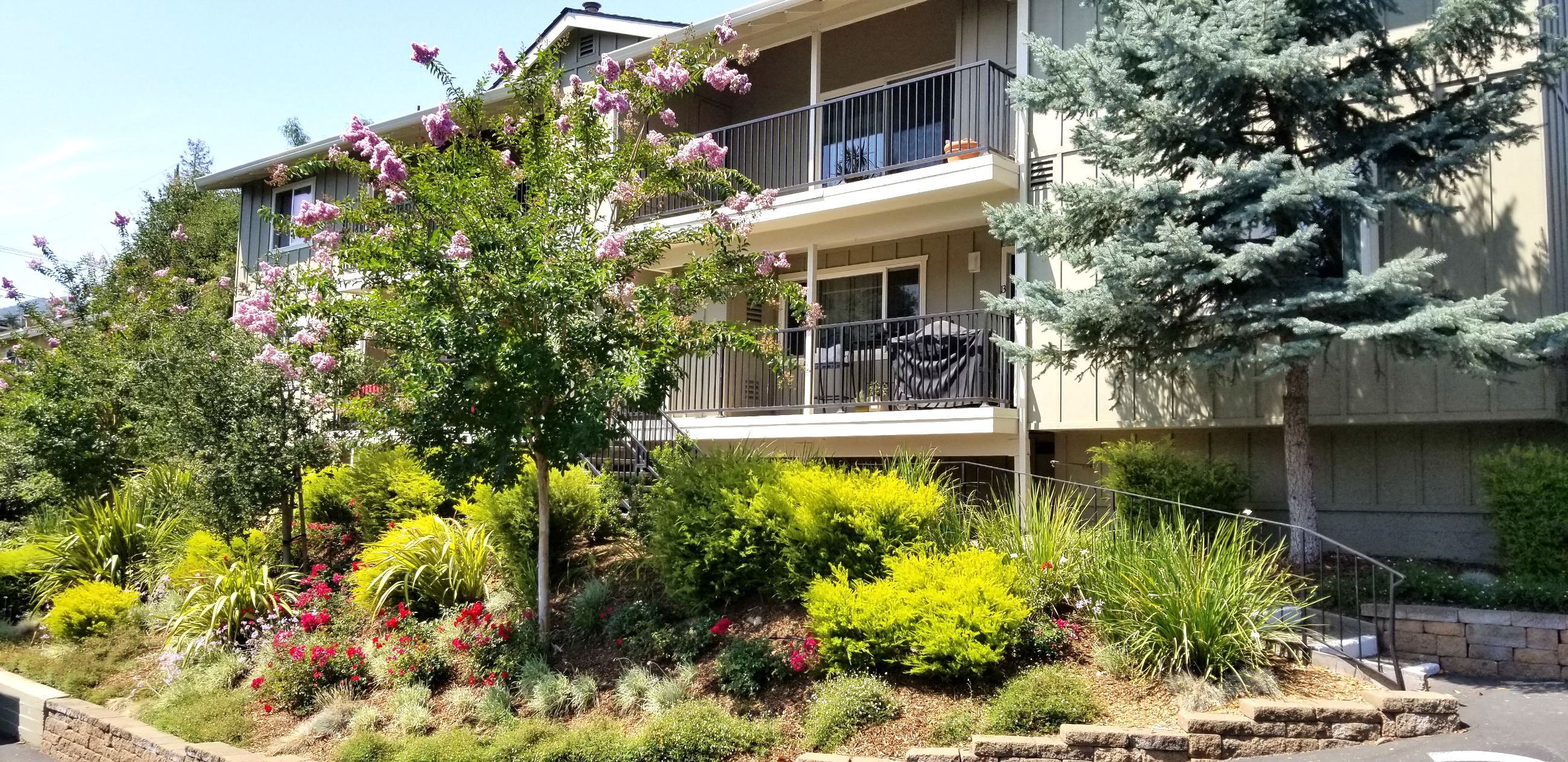 an apartment building with a garden in front of it