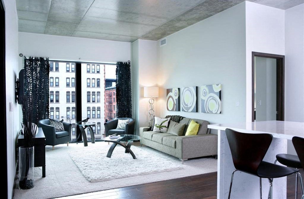 a living room with a couch and a table