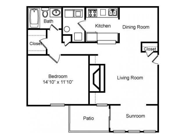 1 Bed - 1 Bath Floor plan 1 Bed - 1 Bath Floor Plan at Woodland Hills, 3471 North Druid Hills Road, Decatur, 30033