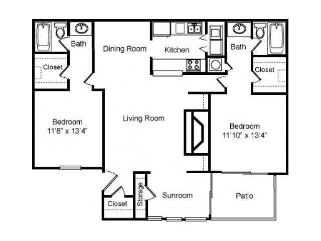 2 Bed - 2 Bath Floor Plan 2 Bed - 2 Bath Floor Plan at Woodland Hills, 3471 North Druid Hills Road, GA 30033