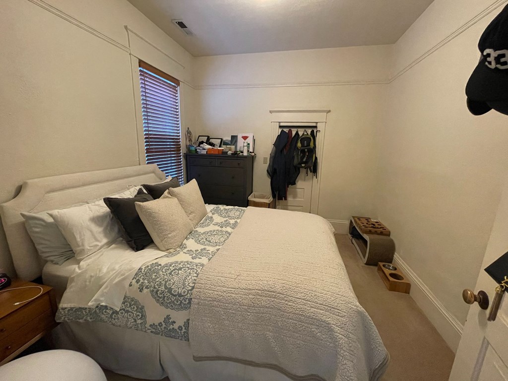 a bedroom with a bed and a dresser and a closet