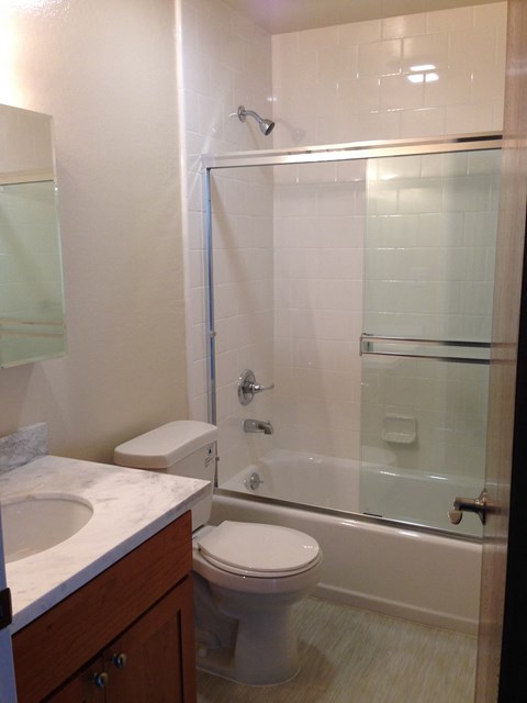 a small bathroom with a shower toilet and sink