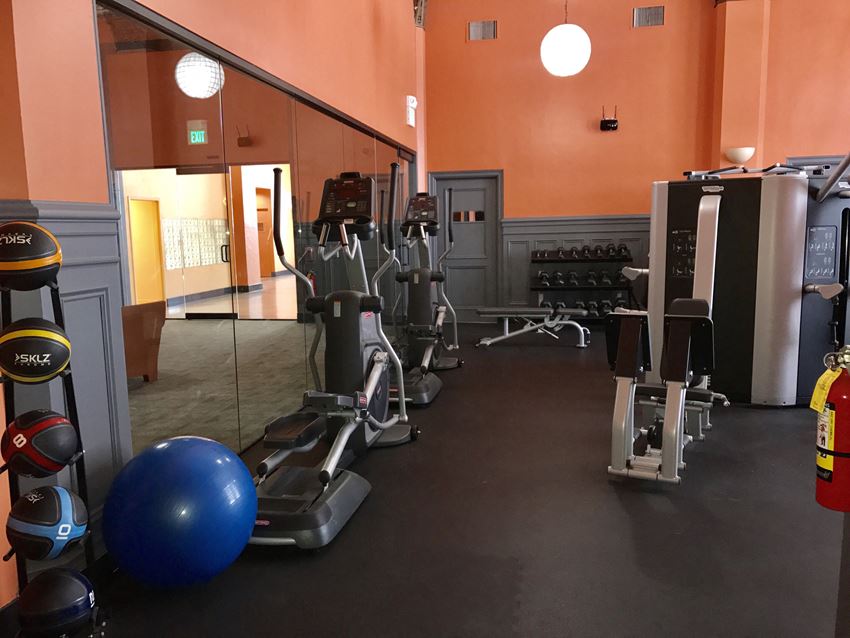 a gym with a bunch of exercise equipment in it
