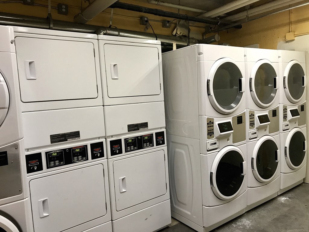a row of washers and dryers in a laundry room