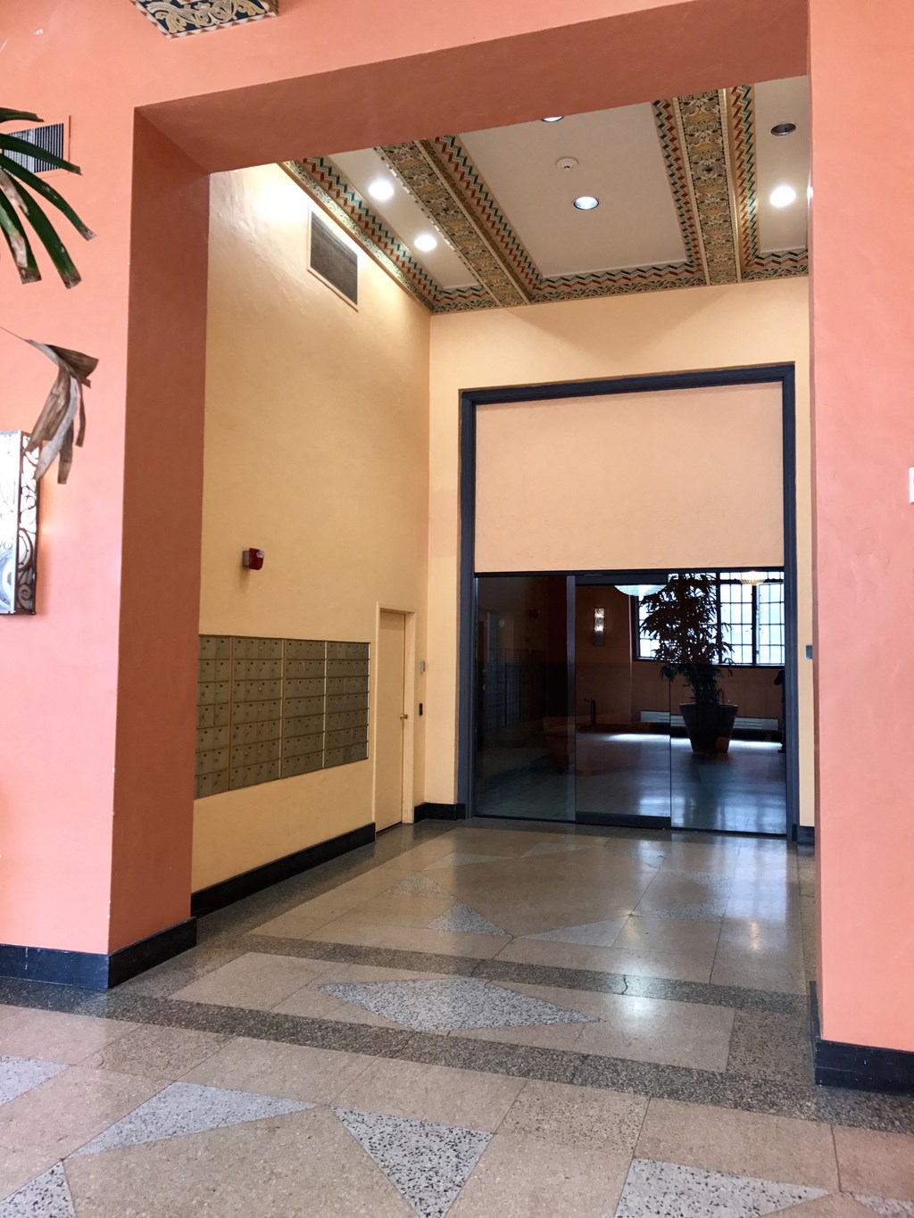 a view of a lobby with a large open door