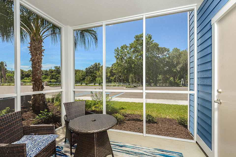 a screened porch with a table and chairs and a palm tree