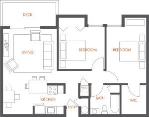 2 Bed - 1 Bath |834 sq ft 2 Bedroom floorplan