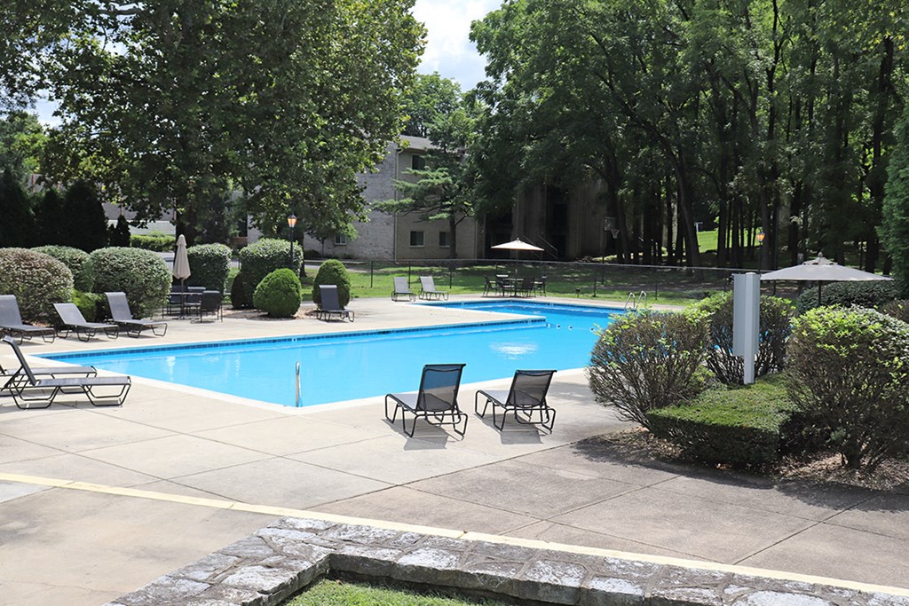 a swimming pool with chairs and umbrellas in front of a house