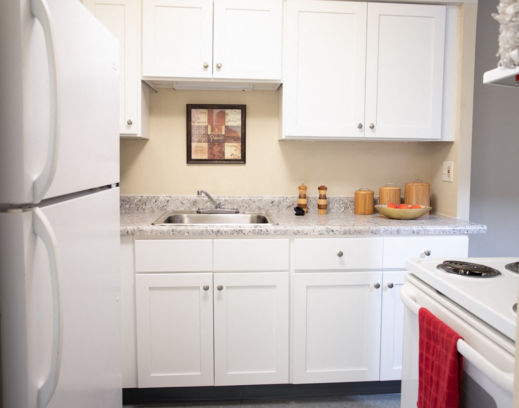 a kitchen with white cabinets and a sink and a refrigerator