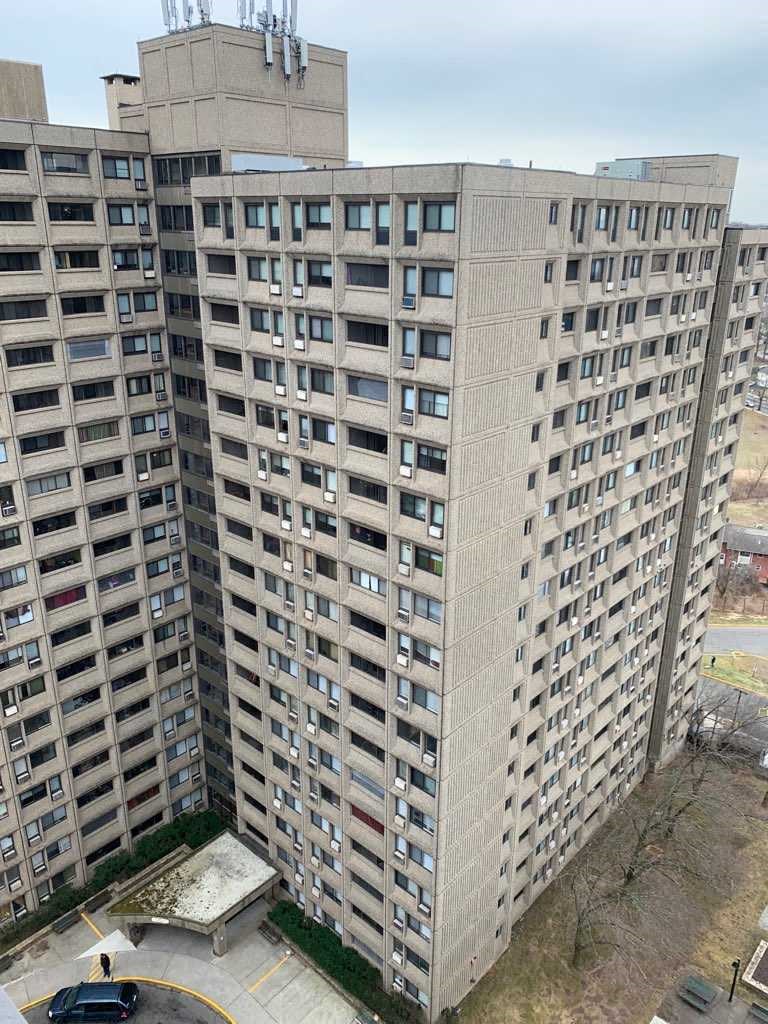 an aerial view of a large building in a city