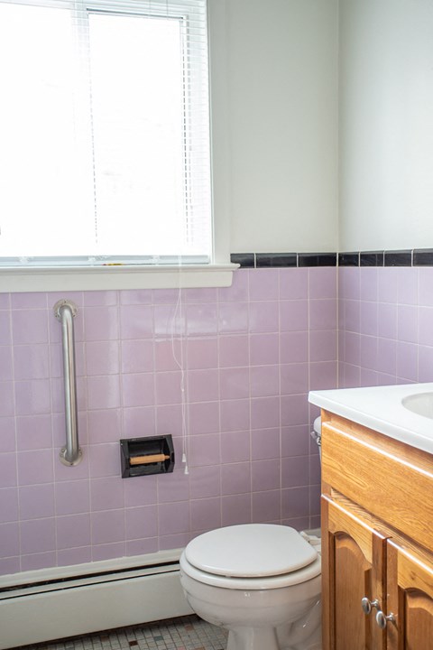 a pink bathroom with a toilet and a window