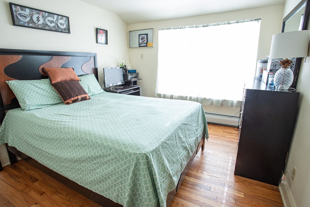 a bedroom with a bed and a dresser and a window