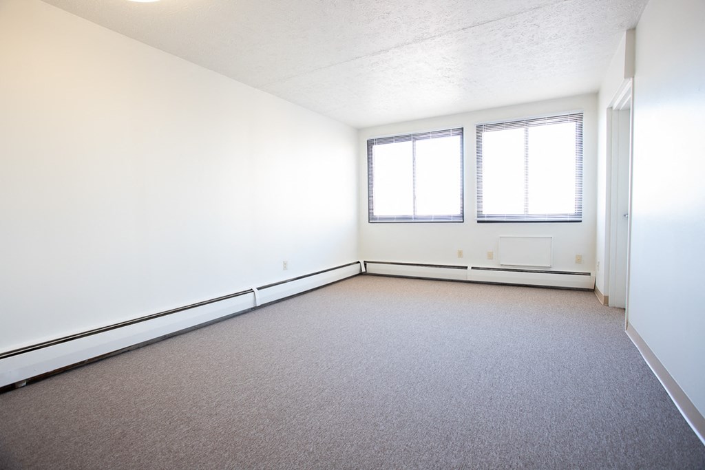 an empty room with a carpet and two windows
