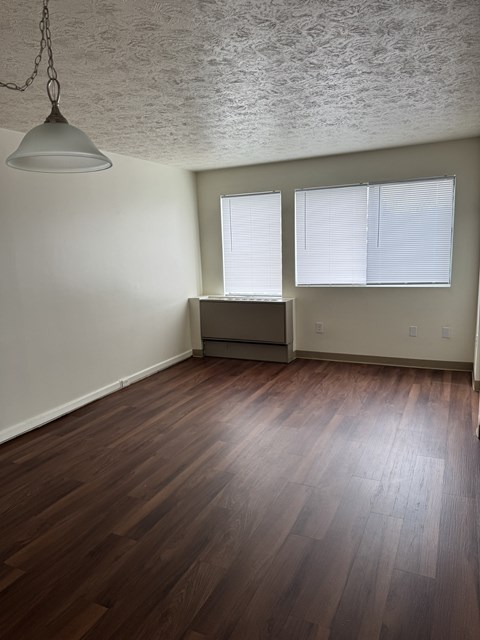A room with wooden floors and a hanging light fixture.