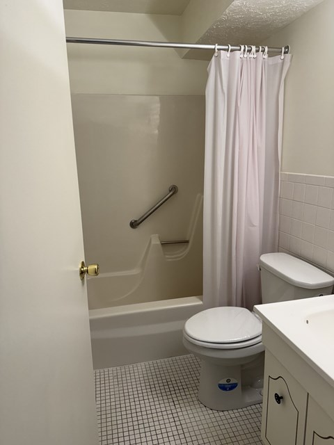 A white toilet with a pink shower curtain in a bathroom.
