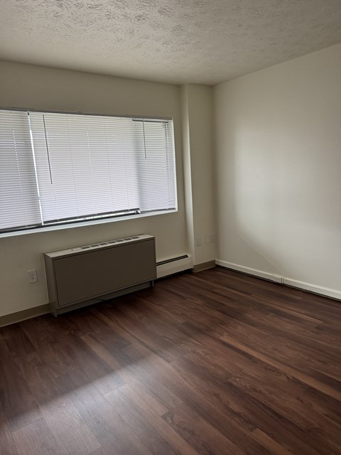 A room with wooden floors and a window with blinds.