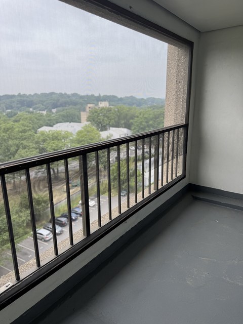 A balcony with a view of a parking lot and trees.