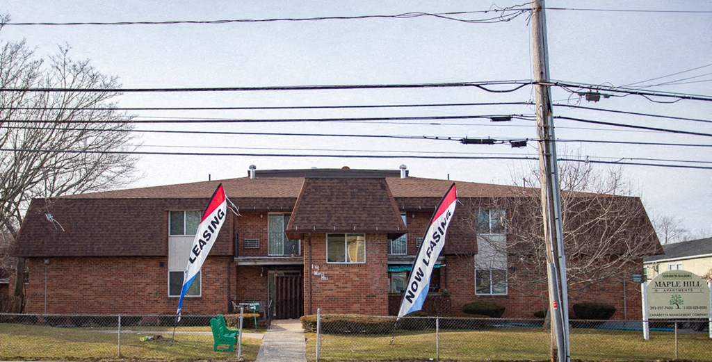 a house with flags in front of it