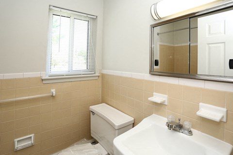 a bathroom with a sink toilet and a mirror