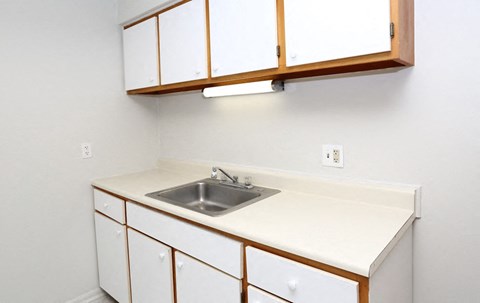an empty kitchen with a sink and white cabinets