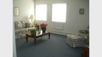 a living room with couches and a table with flowers