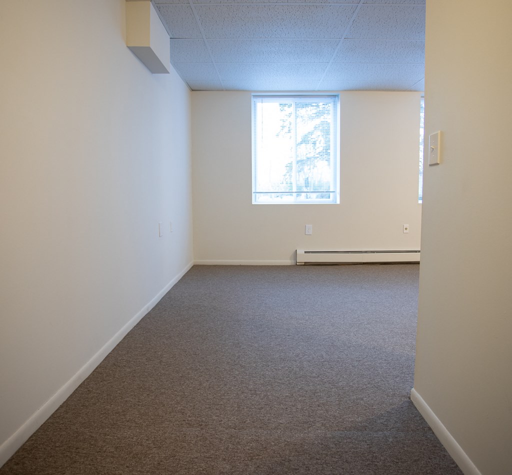 an empty room with carpet and a window