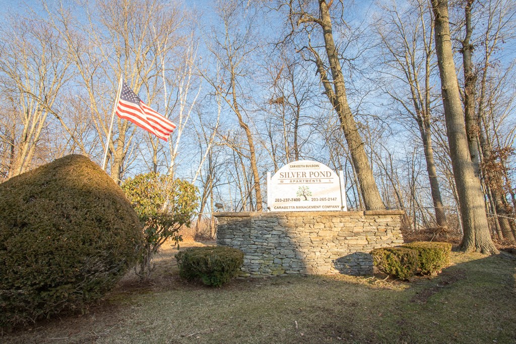 an flag flying above a stone monument with a sign and trees