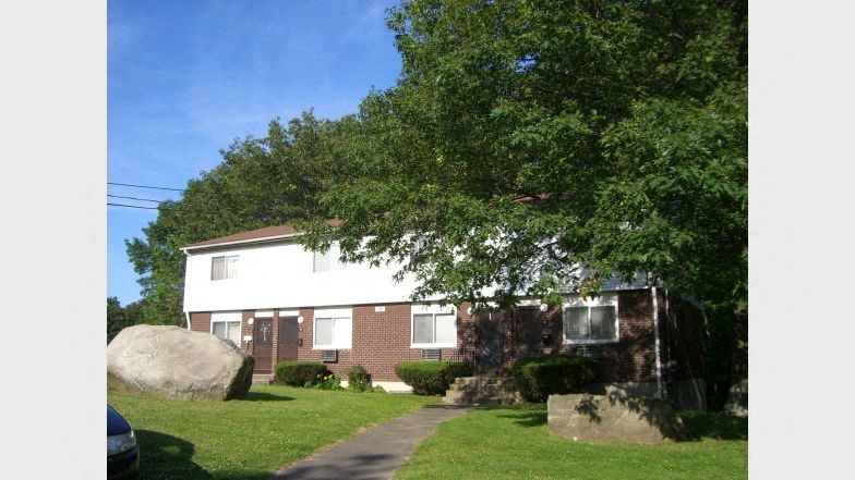 a brick house with a tree in front of it