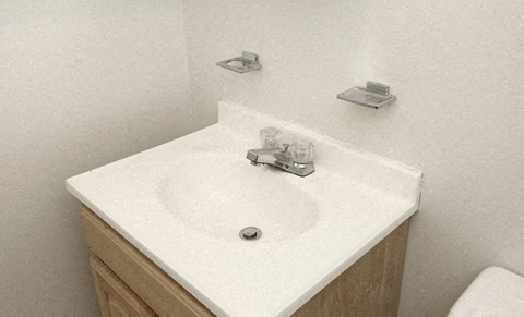 a bathroom with a white counter top and a sink